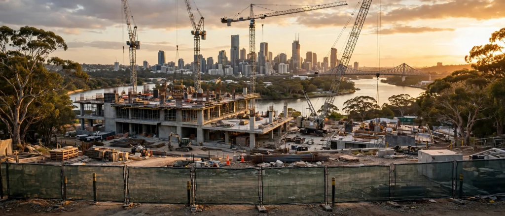 Fenced construction site with cranes overlooking the Brisbane skyline, river and Story Bridge