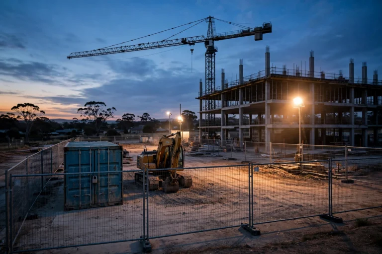 Fenced construction site at dusk with a locked container, excavator and security floodlights