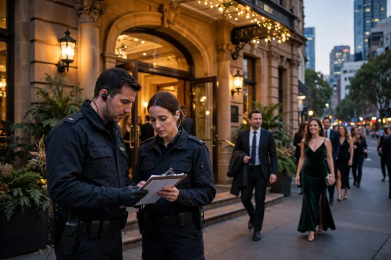 Crowd controllers checking the guest list at a Sydney event venue entrance