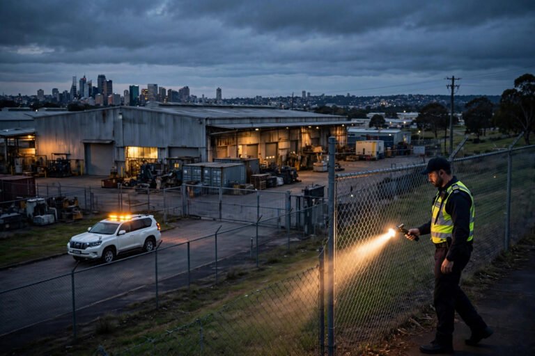 Security patrol officer inspecting a vacant industrial warehouse in Sydney at dusk