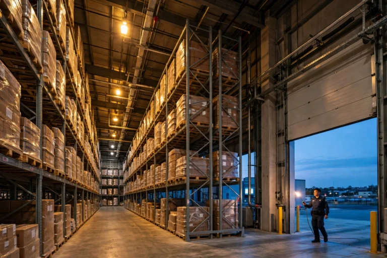 Security guard on an evening patrol inside a warehouse at the loading dock